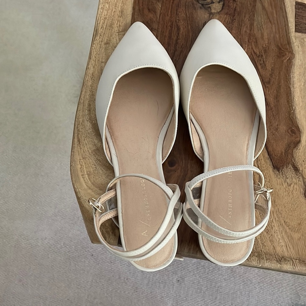 White pointed ankle clasp flats